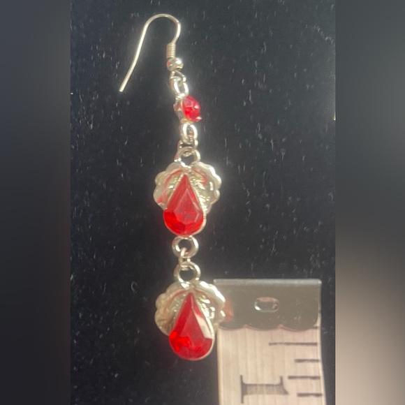 Vintage Silver Toned Red Faux Gem Dangle Earrings - Picture 5 of 5